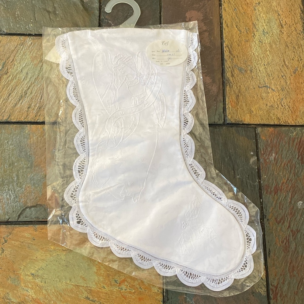 Vintage Christmas Holiday White Angel Embroidered Lace Trim Stocking 17”
